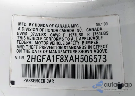 2010 Honda Civic Ex z USA, uszkodzony, nr VIN 2HGFA1F8XAH506573